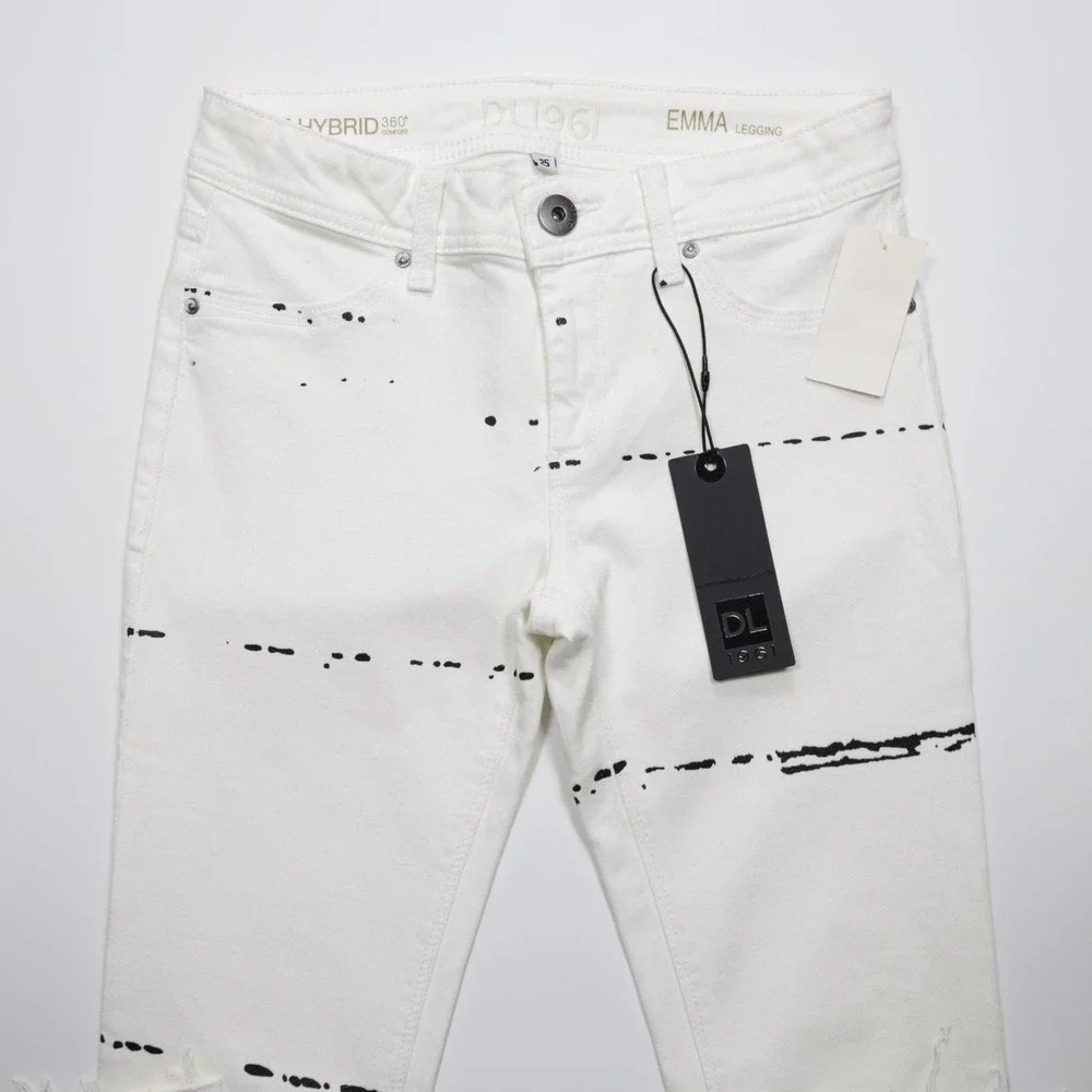 DL1961 Women's Hybrid 360 Splatter Print Skinny Jeans Denim‎ Raw Edge White 25
